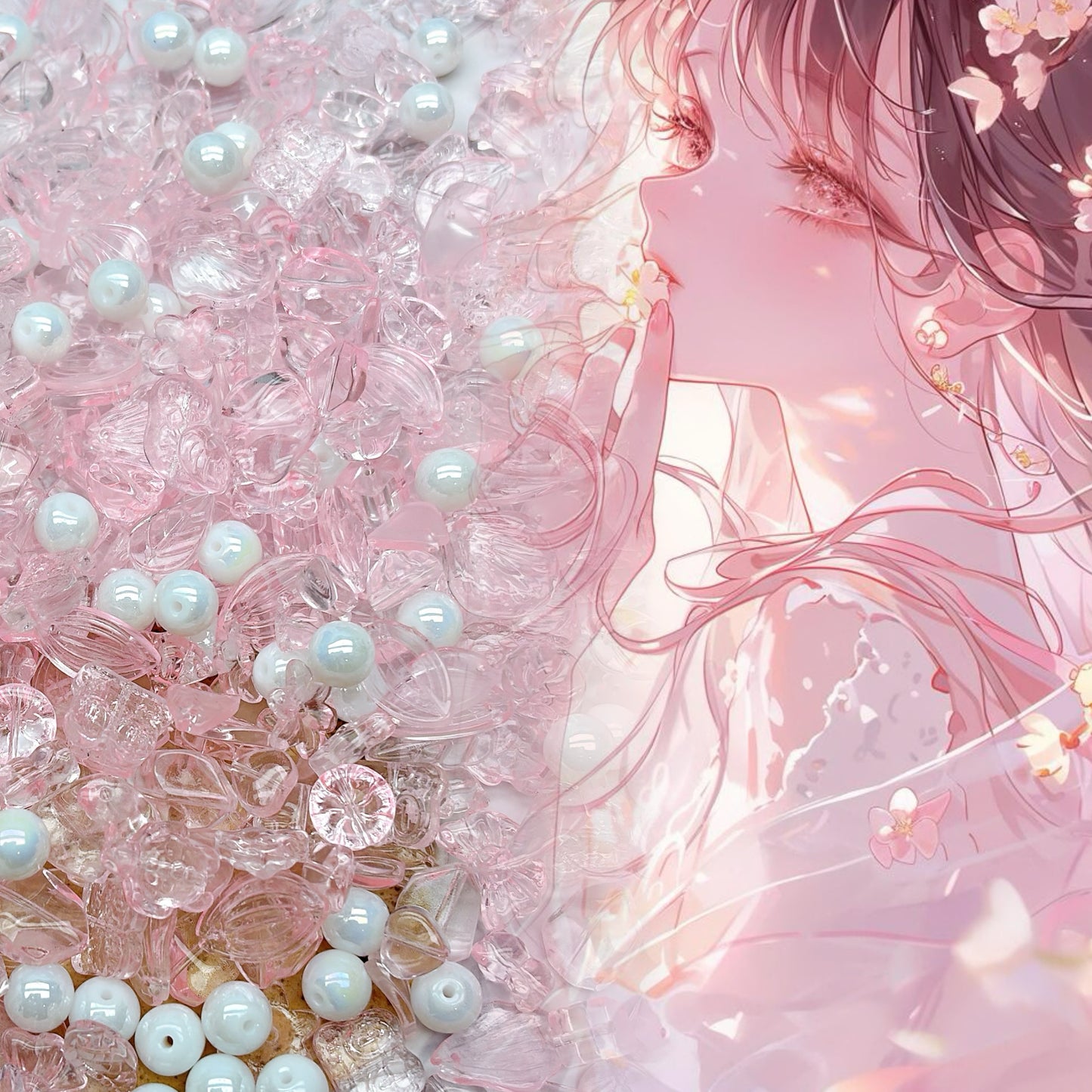 105番  桜時の風鈴 | クリアピンクガラス異形パーツとホワイトガラス丸玉 DIYハンドメイドキット